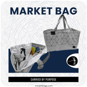 Upcycled market bag made from reclaimed polyester banner material. Lightweight, durable, and designed to replace single-use shopping bags.