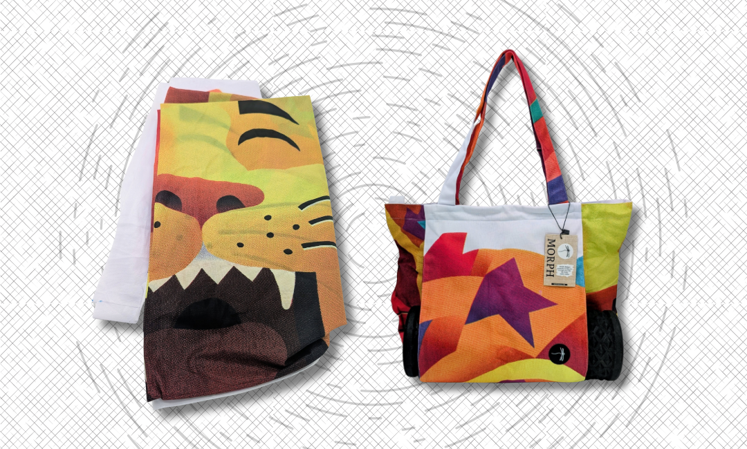 Morph's Yoga Mat Bag is made out of brightly-colored, durable polyester offcuts from a banner manufacturer. A piece of waste material with the face of a lion is on the left, and a Morph Yoga Mat Bag made from the same material is on the right.