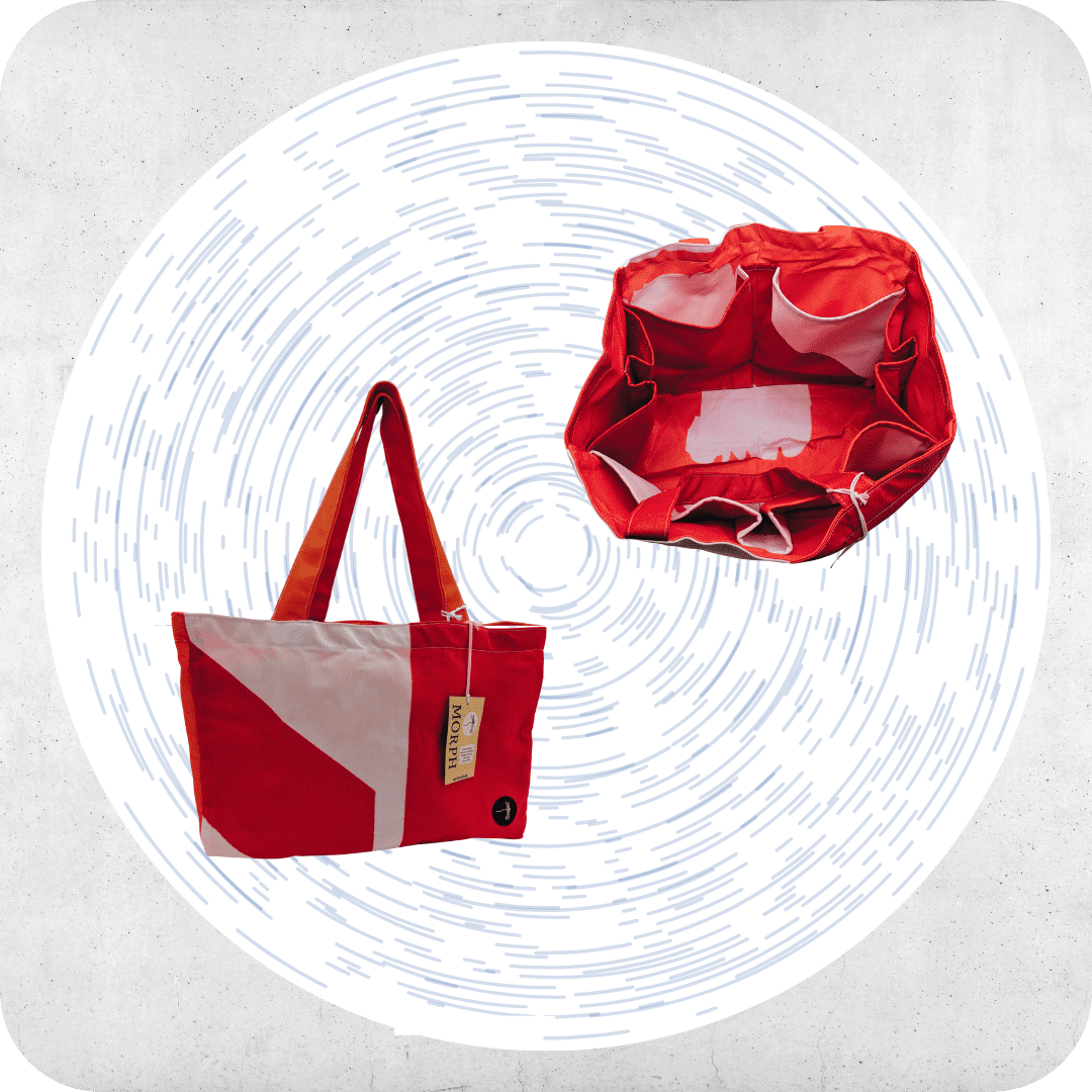 An orange and white upcycled Market Bag is pictured with a front view on the left and another looking down into the bag showing eight pockets lining it for organization.
