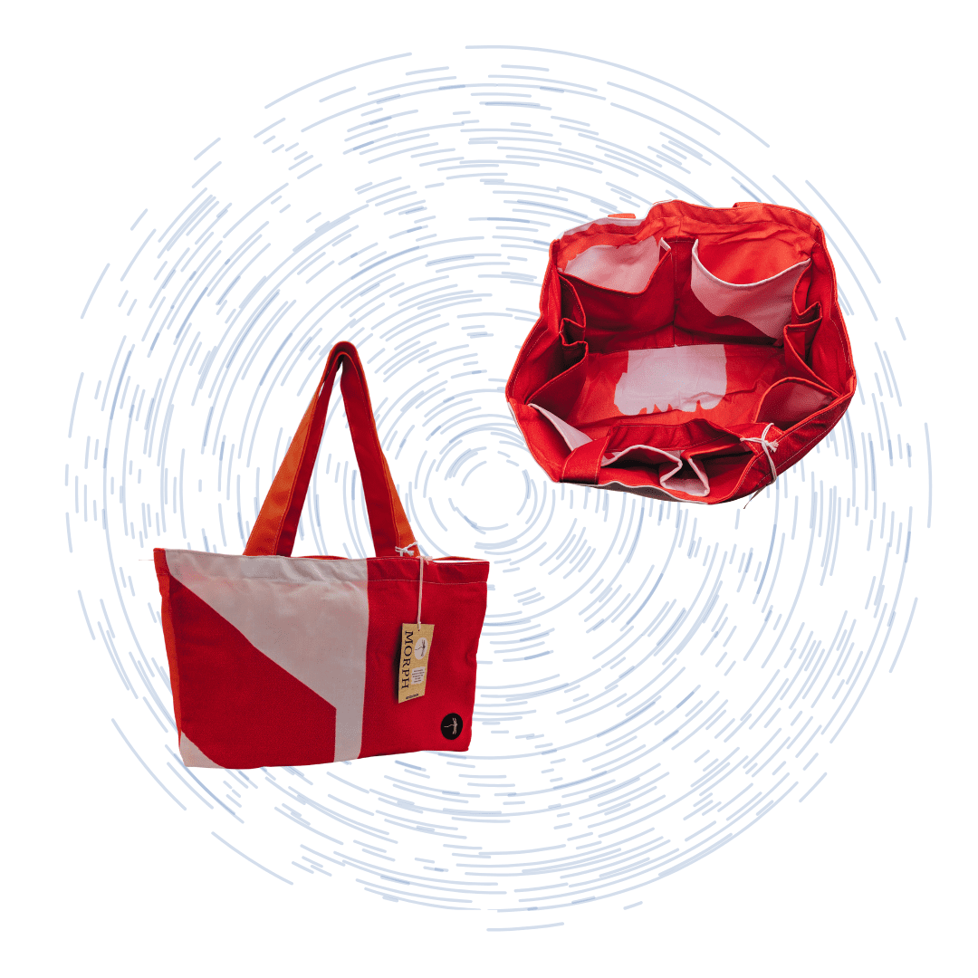 Upcycled Market Bag made from colorful printed polyester banner offcuts, showing front view and top down with eight interior organizing pockets