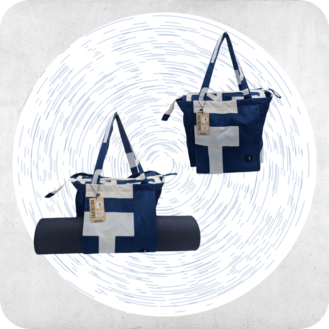 A blue and white upcycled Yoga Mat Bag is pictured with and without a yoga mat in the sleeve.