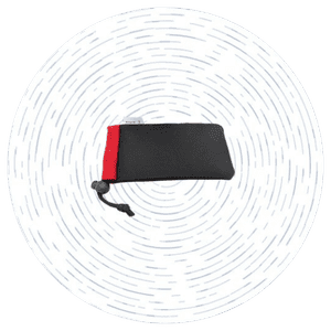 A black and red sunglass case made from diving suit offcuts with a 