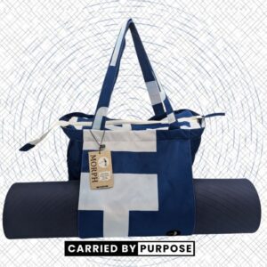 Colorful upcycled yoga mat bag made from banner offcuts by Morph Bags.