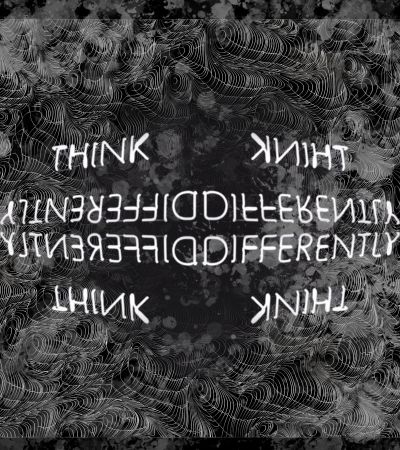 Abstract art with the words "THINK DIFFERENTLY" mirrored in four directions around the center of the image.