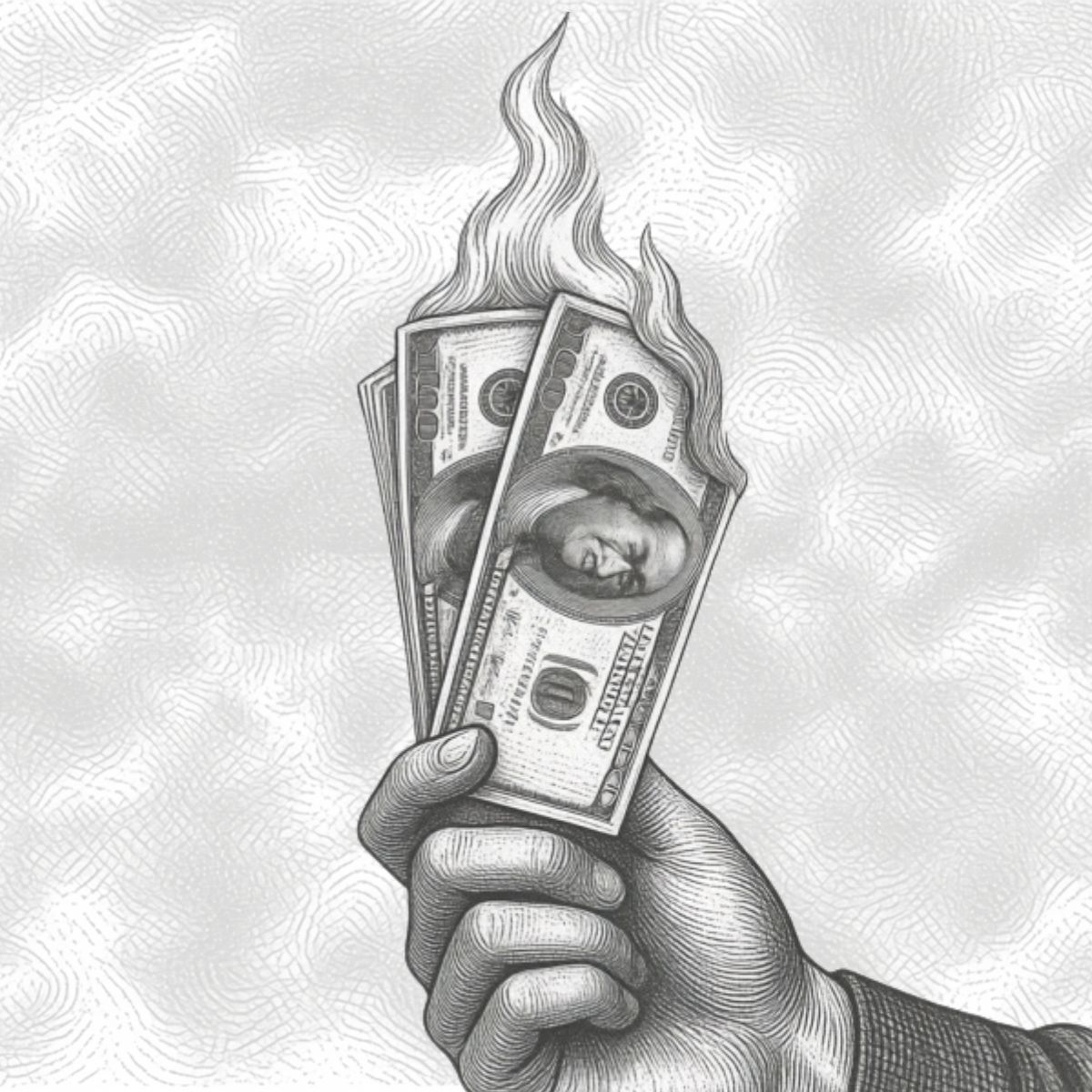 A hand holding burning $100 bills, representing the economic destruction of underutilized resources in #2: Resources are greatly underutilized.