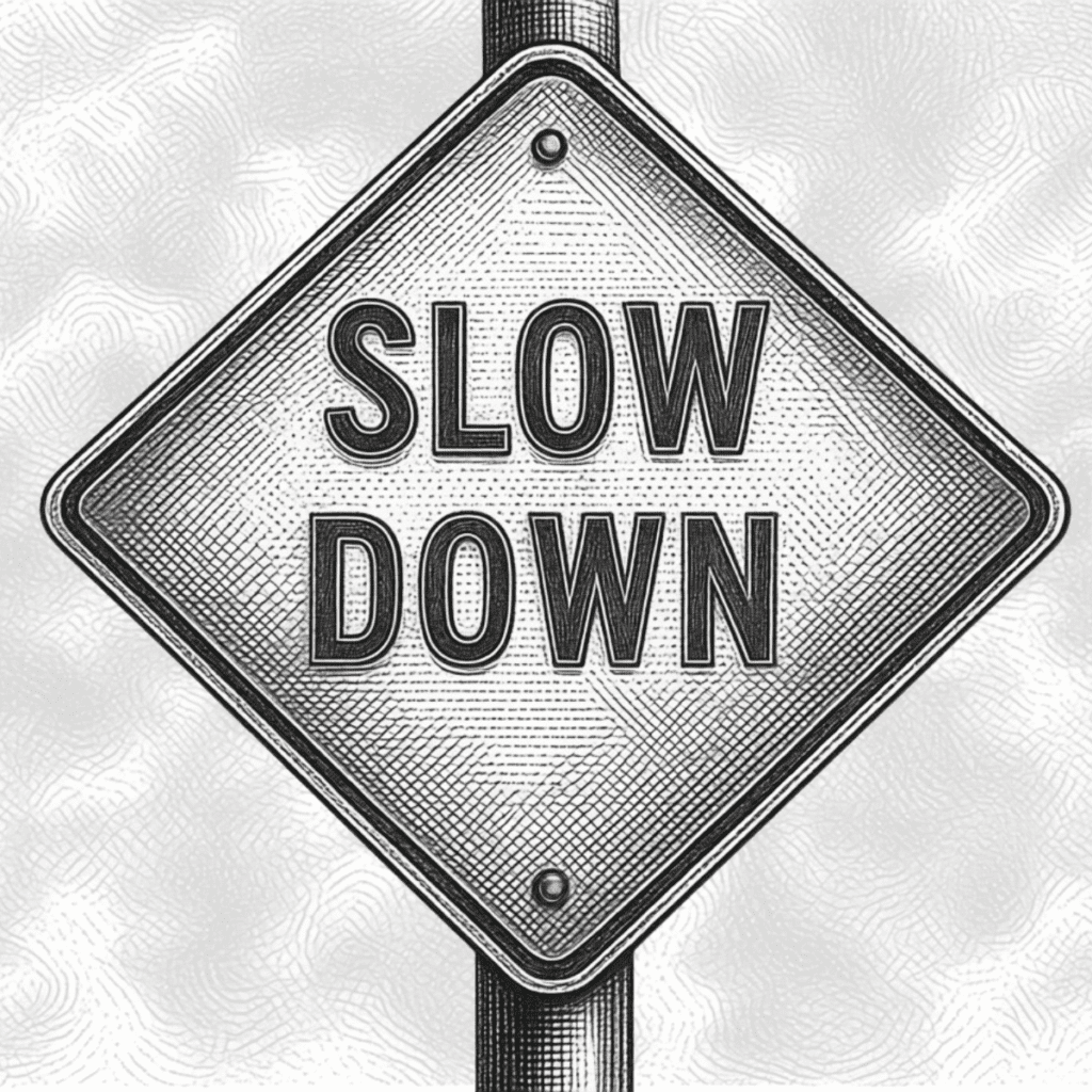 A roadside sign saying Slow Down, representing the necessity of slowing down to better understand complex problems in #7: Slow down to seek understanding.