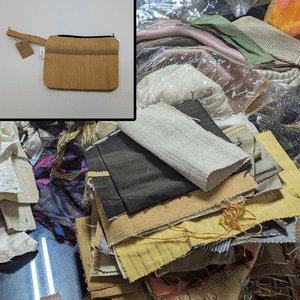 An image of a pile of Thai silk waste with an inset picture of a handmade coin pouch made from the waste materials.