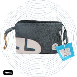 The front view of a one-of-a-kind gray-blue Essentials Pouch with a large bold white letter graphic and yellow on the wristlet strap.