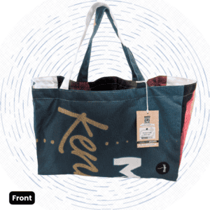The front view of a one-of-a-kind dark navy-green Market Bag with gold cursive script, a bold white number, and black and maroon patterned side panels.