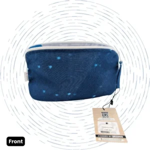 Front view of the Upcycled Cosmetics Bag that's available on this page. (CSM-001)