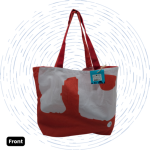 The front view of a one-of-a-kind bright orange and white Large Morph Tote with an abstract painted silhouette design.