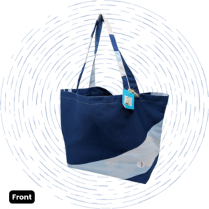 The front view of a one-of-a-kind navy blue Large Morph Tote with a white section on the bottom that includes a light blue wave-like swirl.