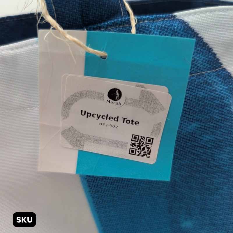 A closeup of the SKU of a tote featuring a distinct abstract art pattern in shades of blue and white.
