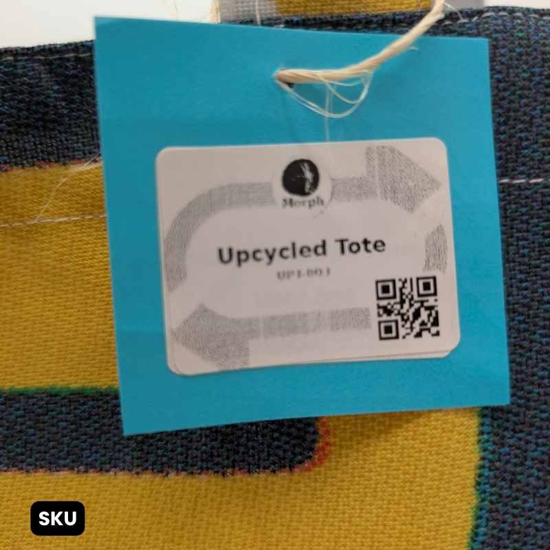 A closeup of the SKU of a tote bag featuring a bold yellow "30" graphic against a dark background, with dark blue, white, and yellow handles.