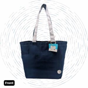 The front view of a one-of-a-kind solid navy blue Upcycled Tote featuring contrasting white striped handles.