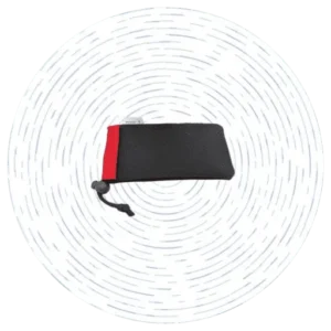 A black sunglass case made from neoprene waste from diving suit offcuts, with red trim and a black elastic drawstring and a black plastic cord lock.